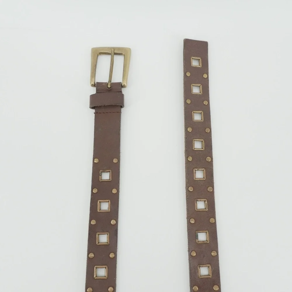 Studded Leather Belt Women 32-34 Brown Square Grommet Solid Brass Buckle